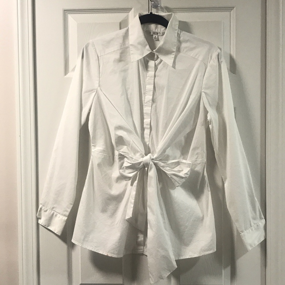Cabi White Long Sleeve Button Down Bow Belted Blouse